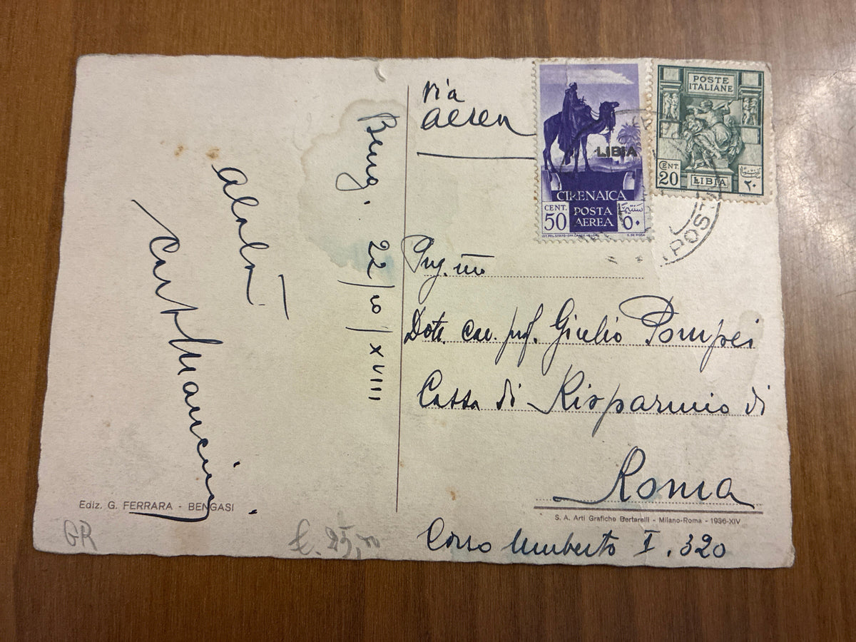 Cirenaica 1940 Cartolina Storica da Bengasi a Roma Affrancatura Mista con Posta Aerea Era Fascista Anno XVIII Saluto Alalà