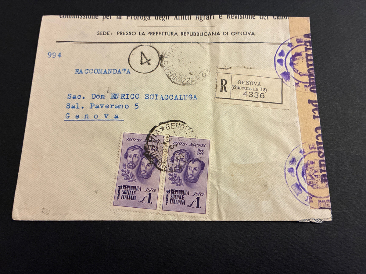 Repubblica Sociale Italiana: lettera raccomandata da Genova per città del 21 marzo 1945 affrancata con coppia orizzontale da 1 Lira della serie commemorativa Fratelli Bandiera in esatta tariffa da 2 Lire e con timbro lineare della Prefettura Repubblica