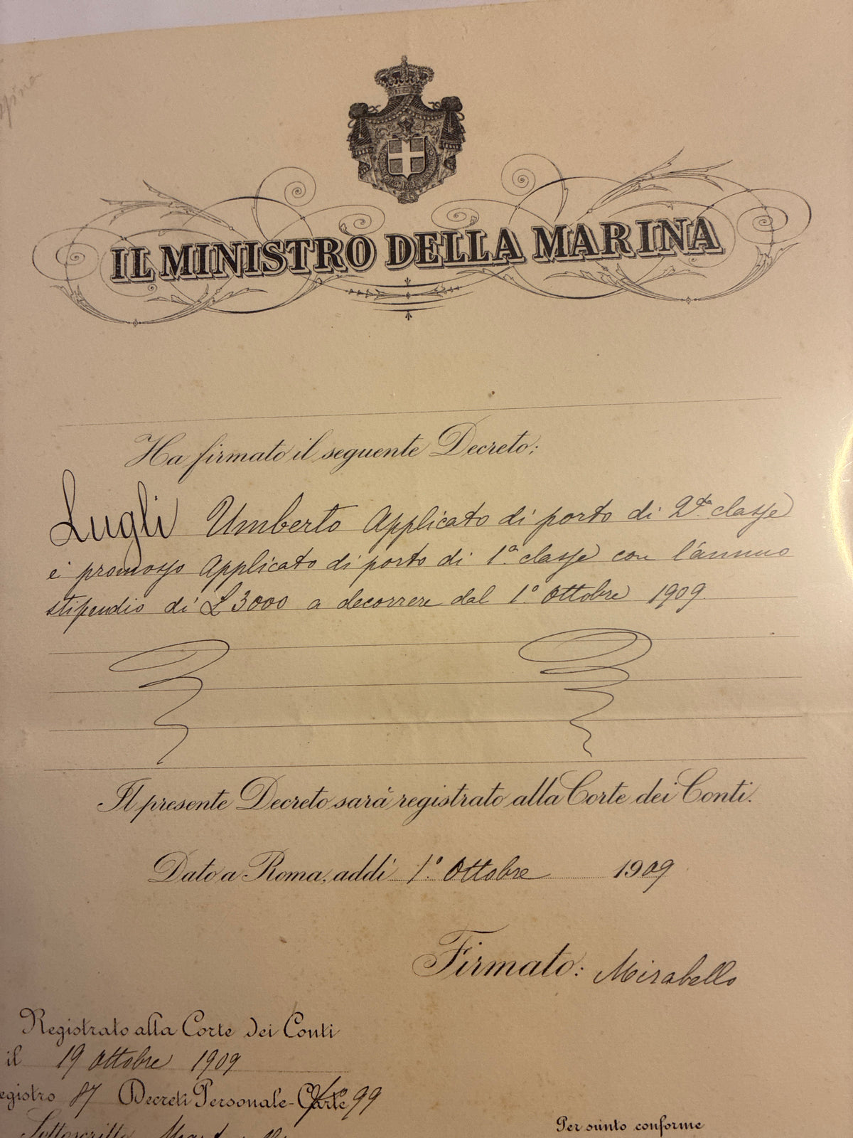 Raro Decreto Ministeriale 1909 Promozione Regia Marina Umberto Lugli - Ministro Mirabello Timbro Viola - Incorniciato Storia Sabauda