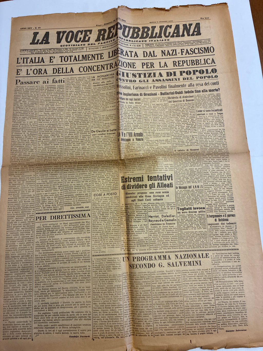 Quotidiano Originale LA VOCE REPUBBLICANA 29 Aprile 1945 Liberazione Mussolini