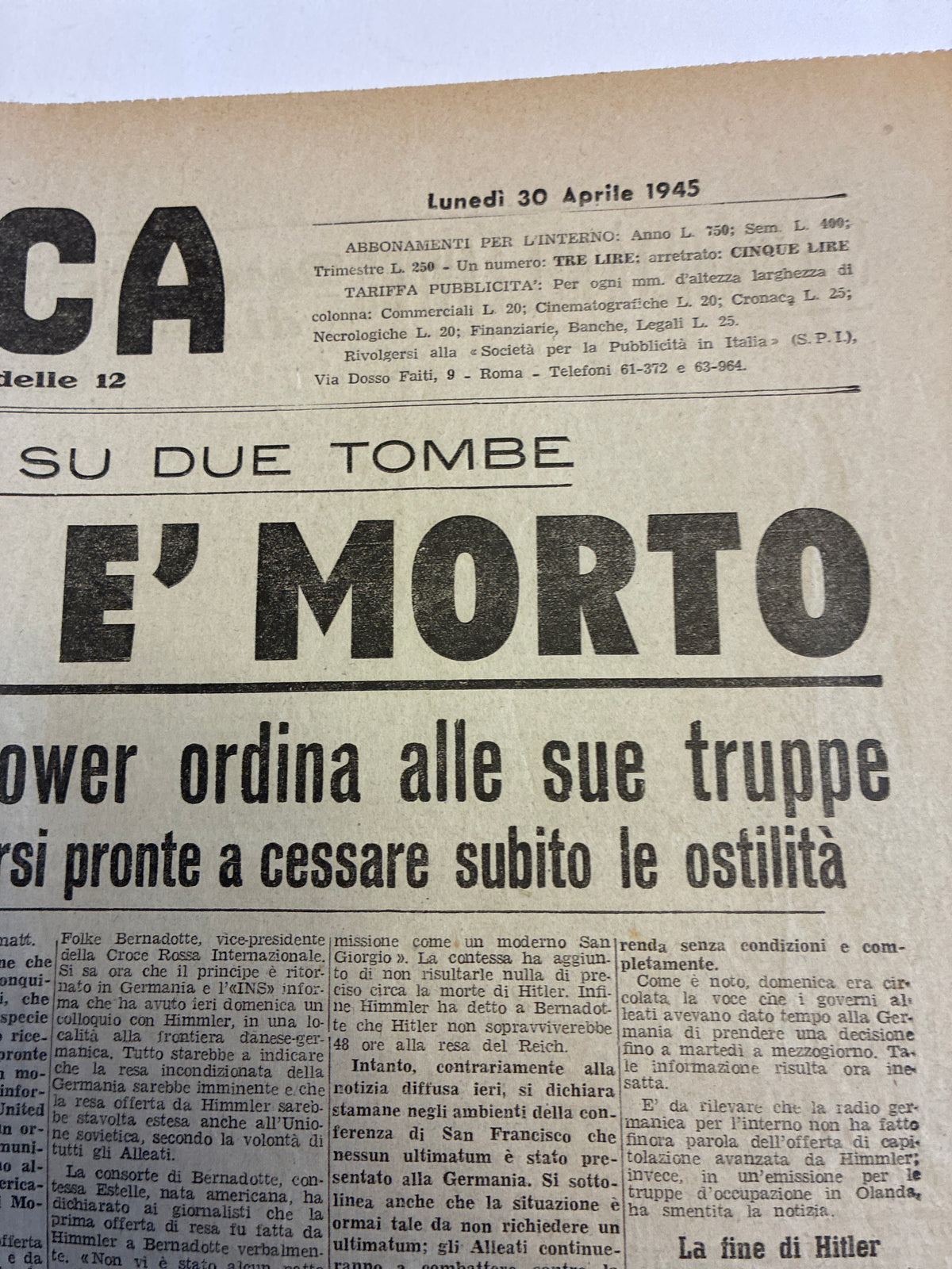 Rarissimo Quotidiano L'Epoca Originale 30 Aprile 1945 (Scoop Unico 24 Ore Prima Sulla Morte Di Hitler)
