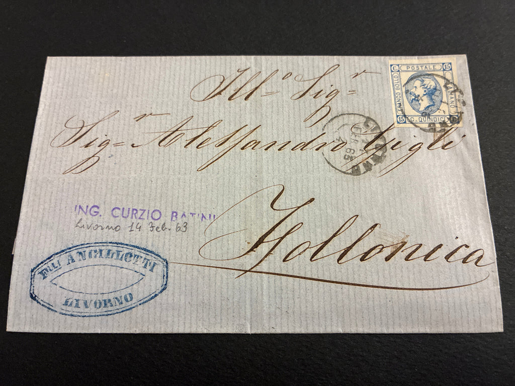 Rarissima. Lettera 1863 con 15 Centesimi Azzurro Primo Tipo "Matraire" in rarissimo uso nei primi giorni dall'Archivio e Collezione dell'Ing. Curzio Batini