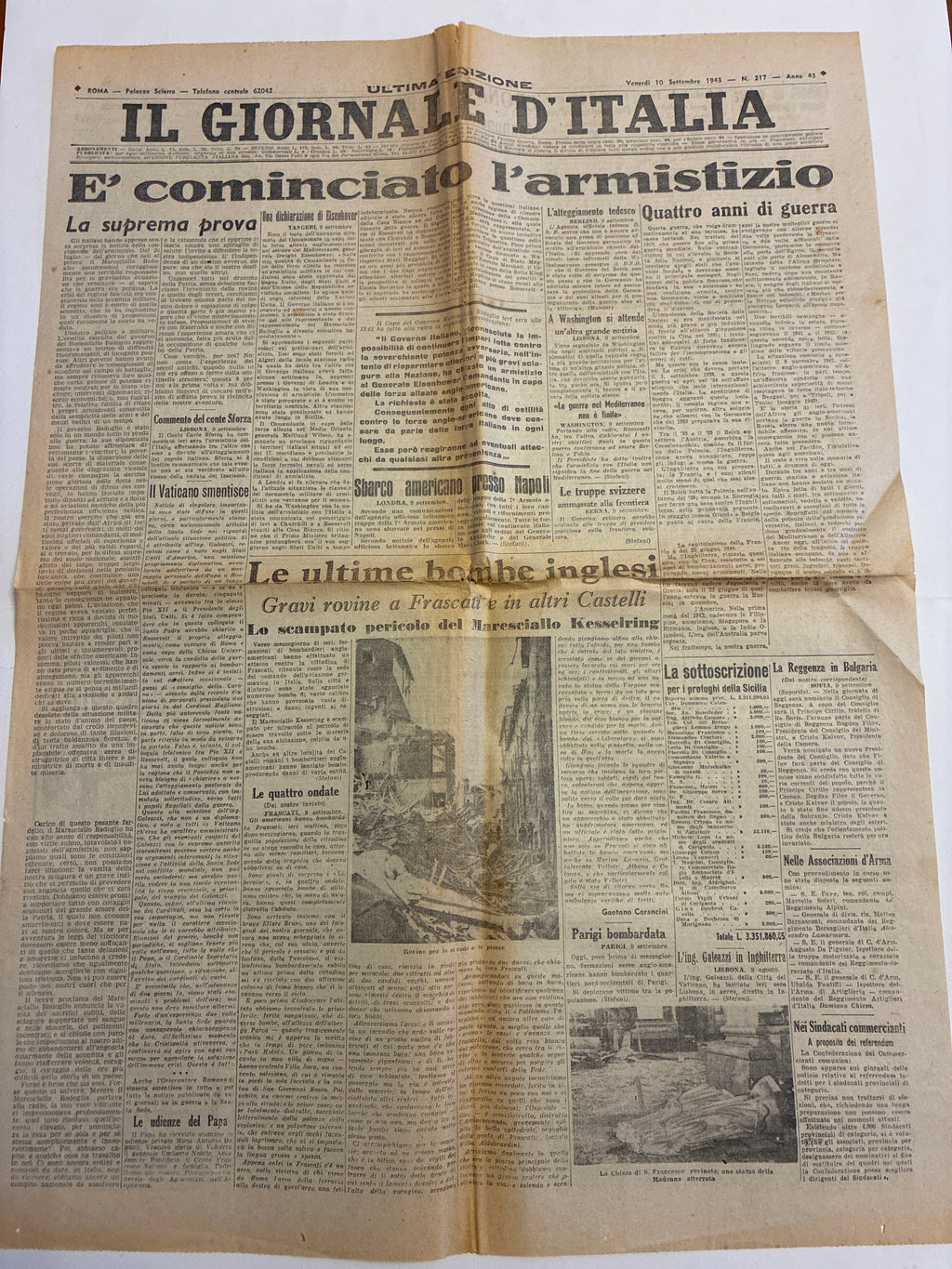 Quotidiano Storico Il Giornale d'Italia 10 Settembre 1943 Armistizio Sbarco Salerno