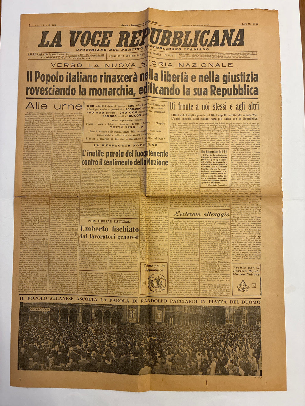 Quotidiano ORIGINALE 2 Giugno 1946 La Voce Repubblicana Referendum COMPLETO