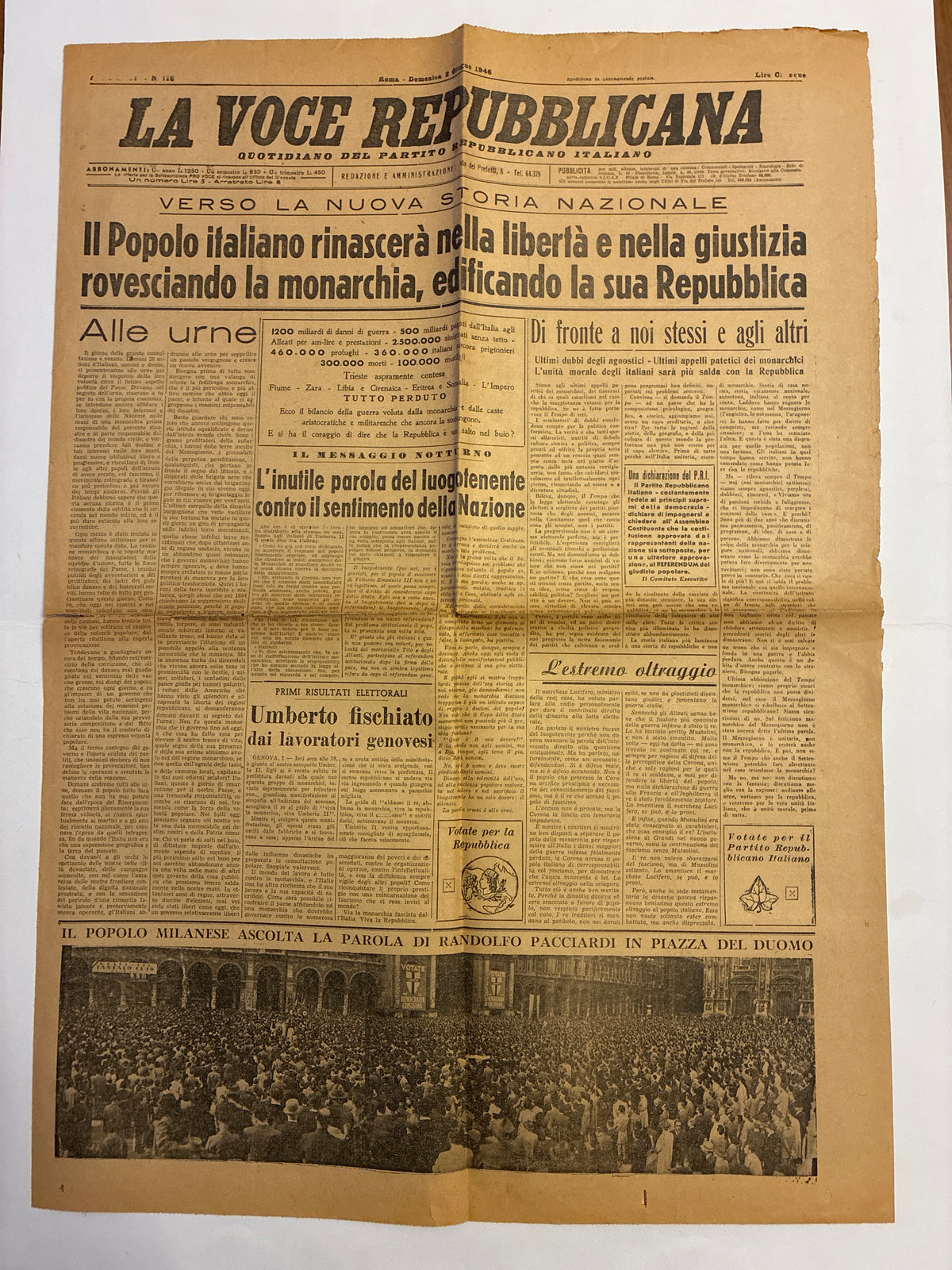 Quotidiano ORIGINALE 2 Giugno 1946 La Voce Repubblicana Referendum COMPLETO