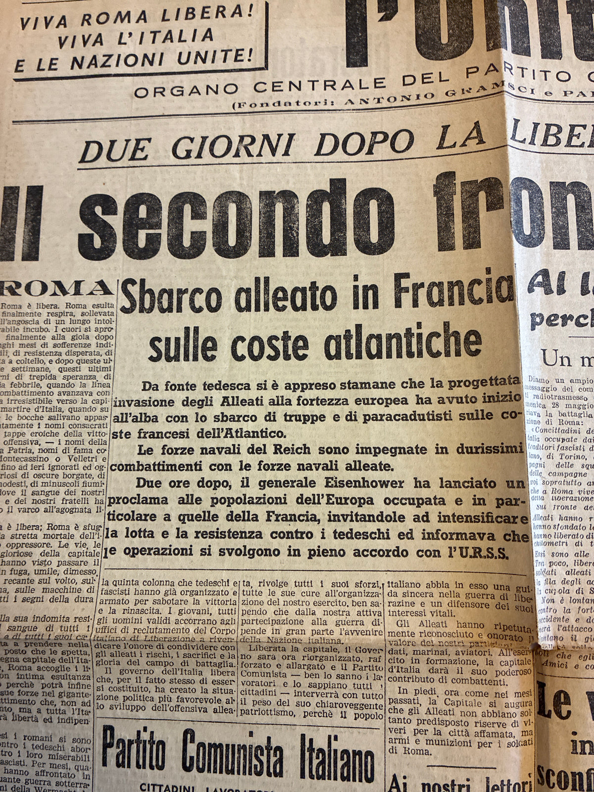 Raro Quotidiano Originale l'Unità 6 Giugno 1944 - Numero 1 Roma Libera - Sbarco in Normandia e Fine Occupazione