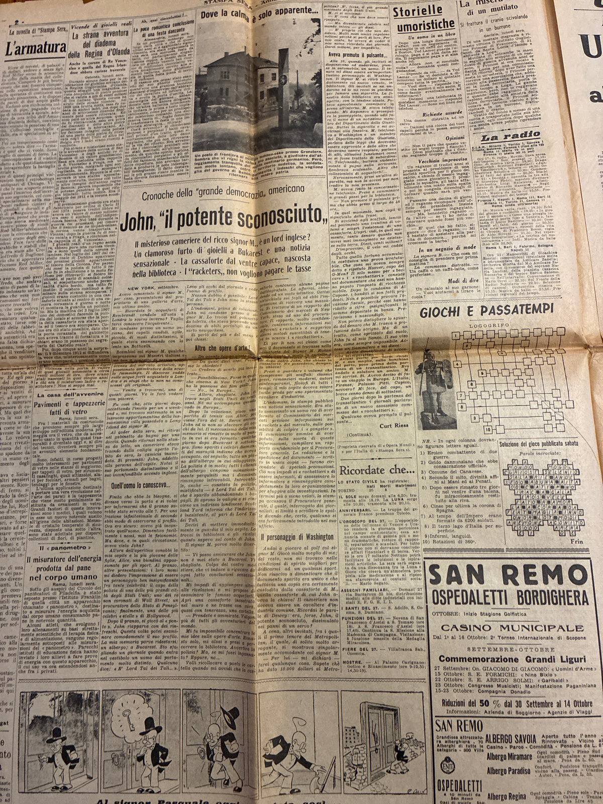 Quotidiano Storico Stampa Sera 26-27 Settembre 1938 Crisi di Monaco Fascismo Mussolini