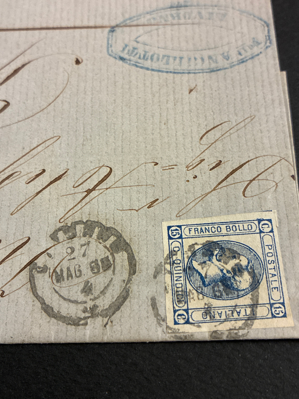 Lettera 1863 con 15 Centesimi Azzurro Primo Tipo "Matraire" dall'Archivio e Collezione dell'Ing. Curzio Batini
