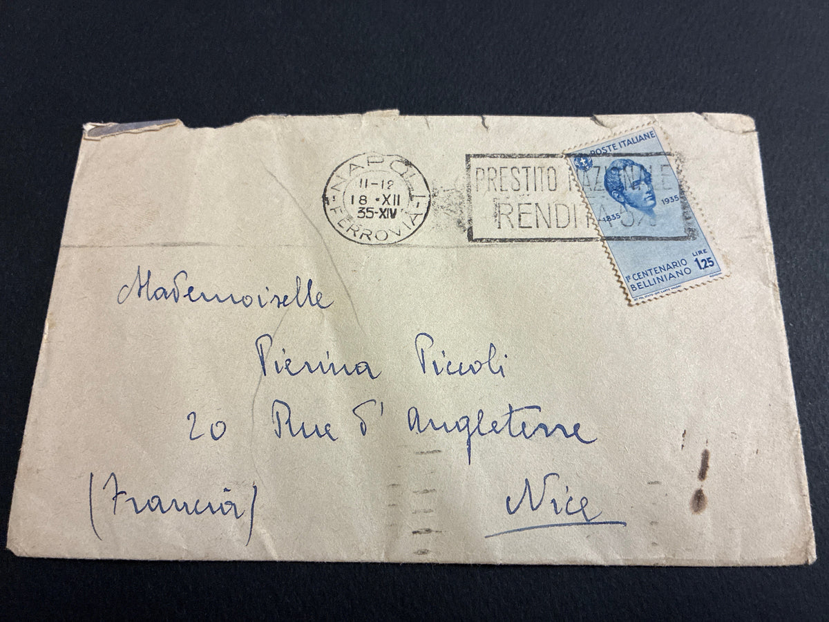Busta 1935 spedita da Napoli a Nizza in tariffa per l'estero con francobollo commemorativo 1° centenario belliniano da lire 1,25.