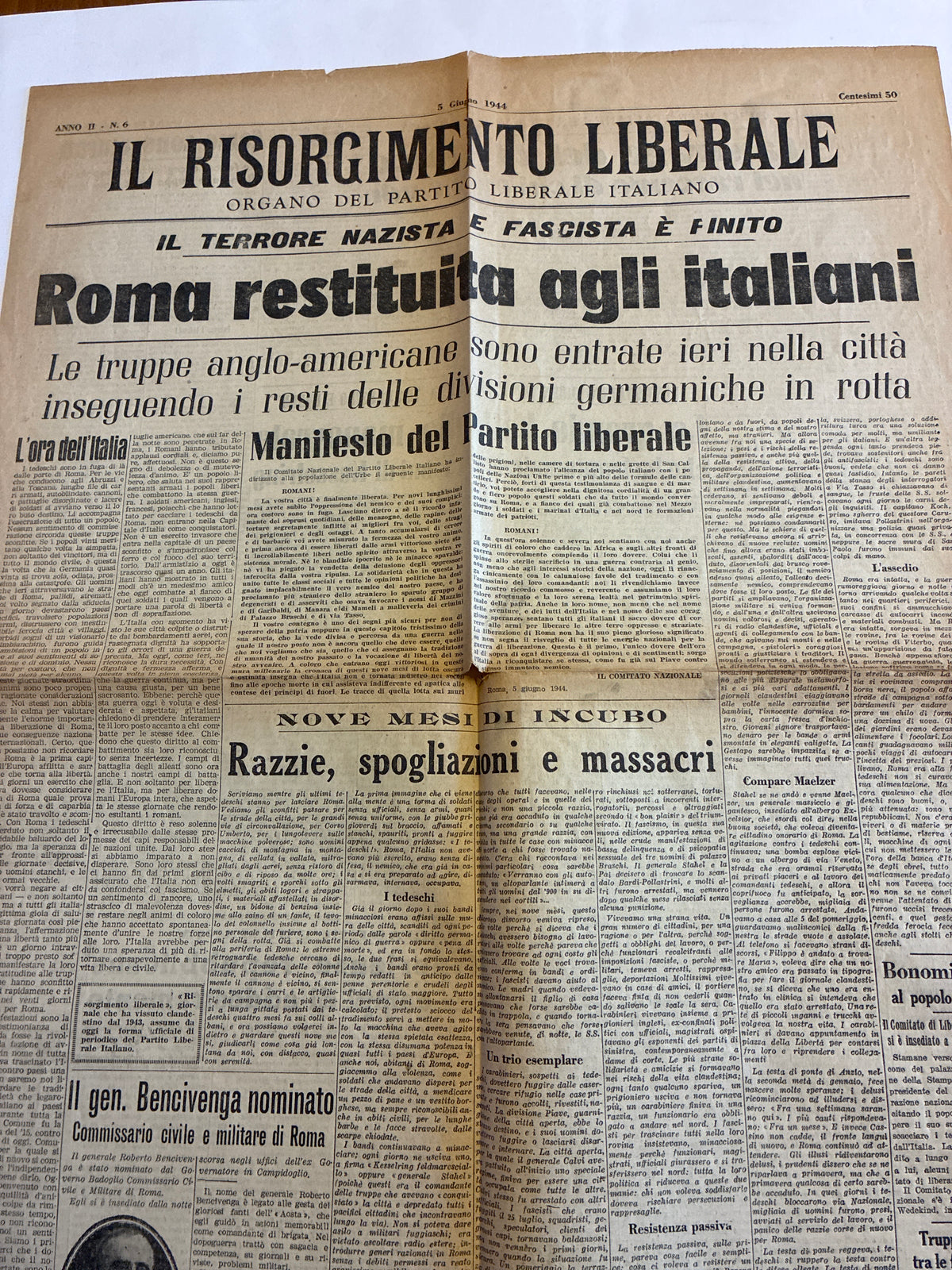Storico Quotidiano Originale Il Risorgimento Liberale 5 Giugno 1944 - Edizione Completa Roma Liberata