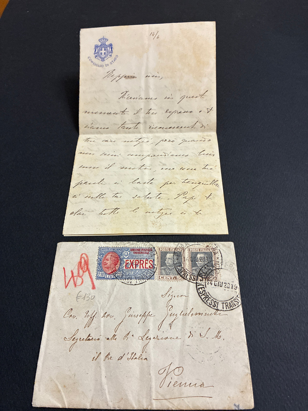 Busta Espresso del 1928 da Roma a Vienna per la Regia Legazione d'Italia, con lettera autografa del Consigliere di Stato Luigi Guglielmetti al figlio diplomatico Giuseppe