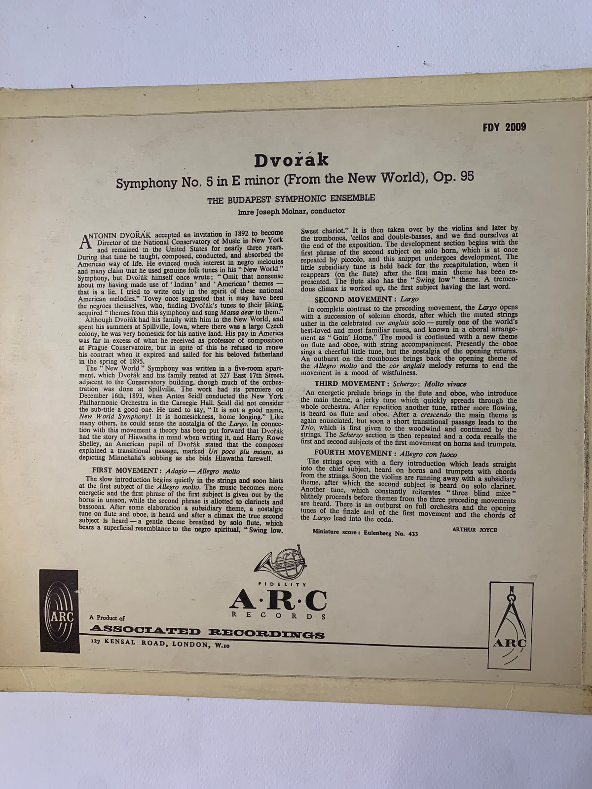 Dvořák: Symphony No. 5 in E Minor "From The New World", Op. 95 – The Budapest Symphonic Ensemble, Imre Joseph Molnar (LP, UK, 1963)