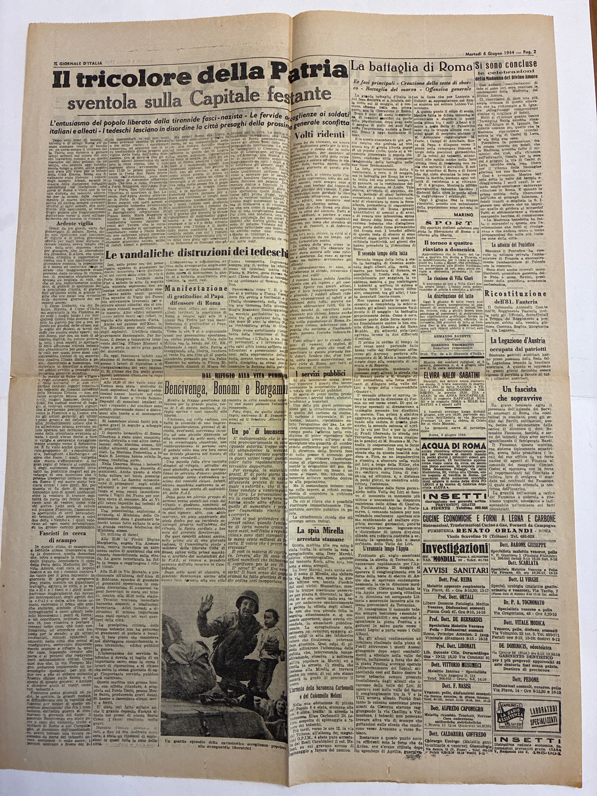 Quotidiano storico "Il Giornale d'Italia" – Edizione della Liberazione di Roma (6 Giugno 1944)