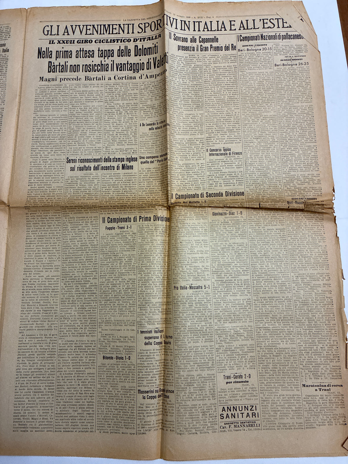 Quotidiano Originale Epoca La Gazzetta del Mezzogiorno 15 Maggio 1939 Discorso Duce Torino