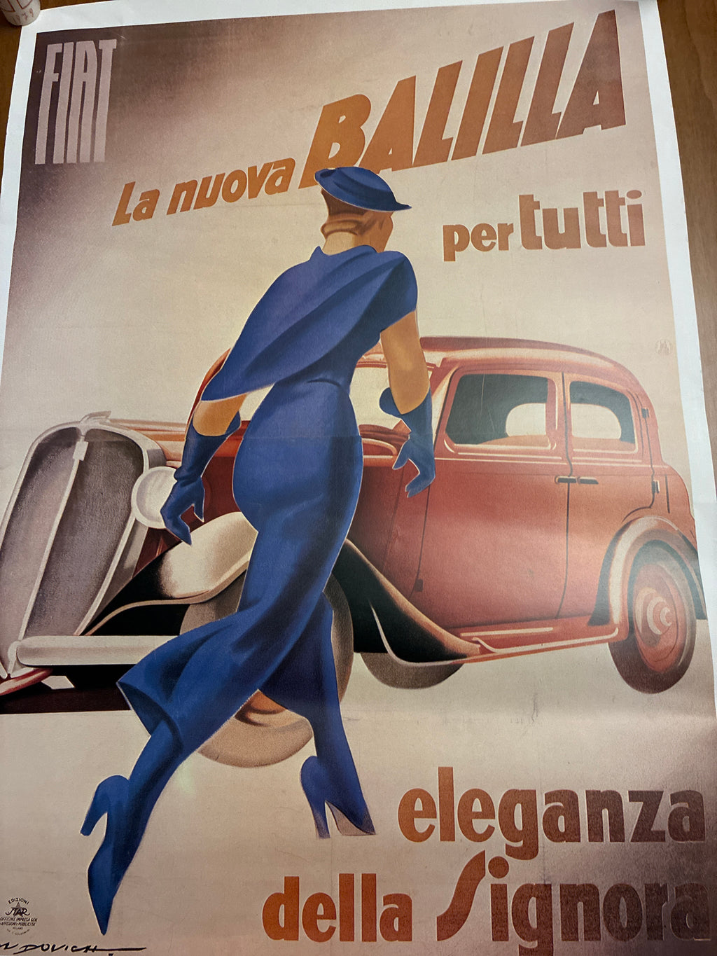 Manifesto Fiat Balilla 1934 Marcello Dudovich - Stampa Mostra Colosseo 1984 IPSOA