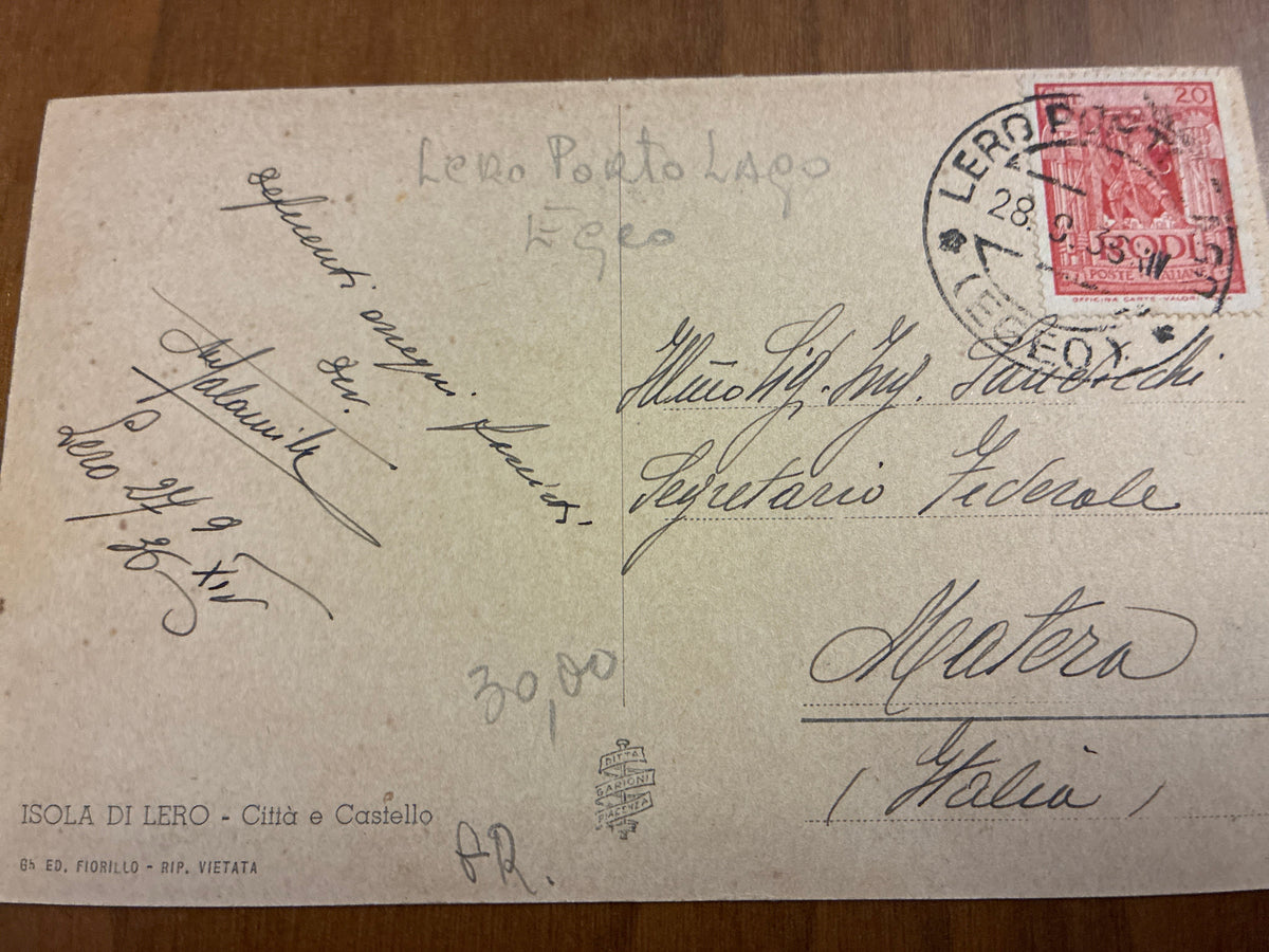 Isole Italiane Egeo 1936 Cartolina da Lero Porto Lago a Matera Affrancata Rodi 20 Centesimi Era Fascista Anno XIV Segretario Federale