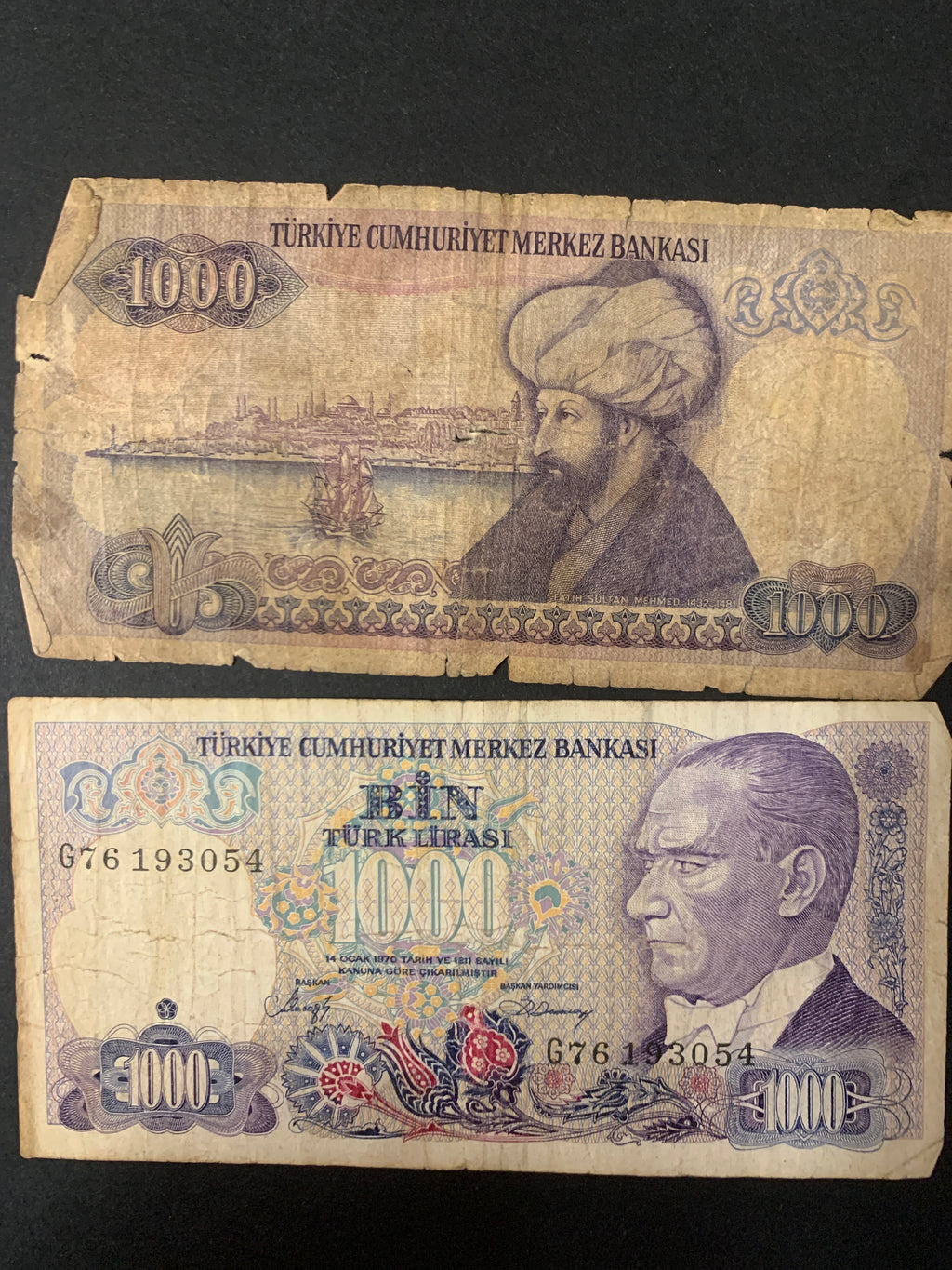Lotto 2 Banconote Turchia 1000 Lira (Bin Türk Lirası) Legge 1970 - Circolate
