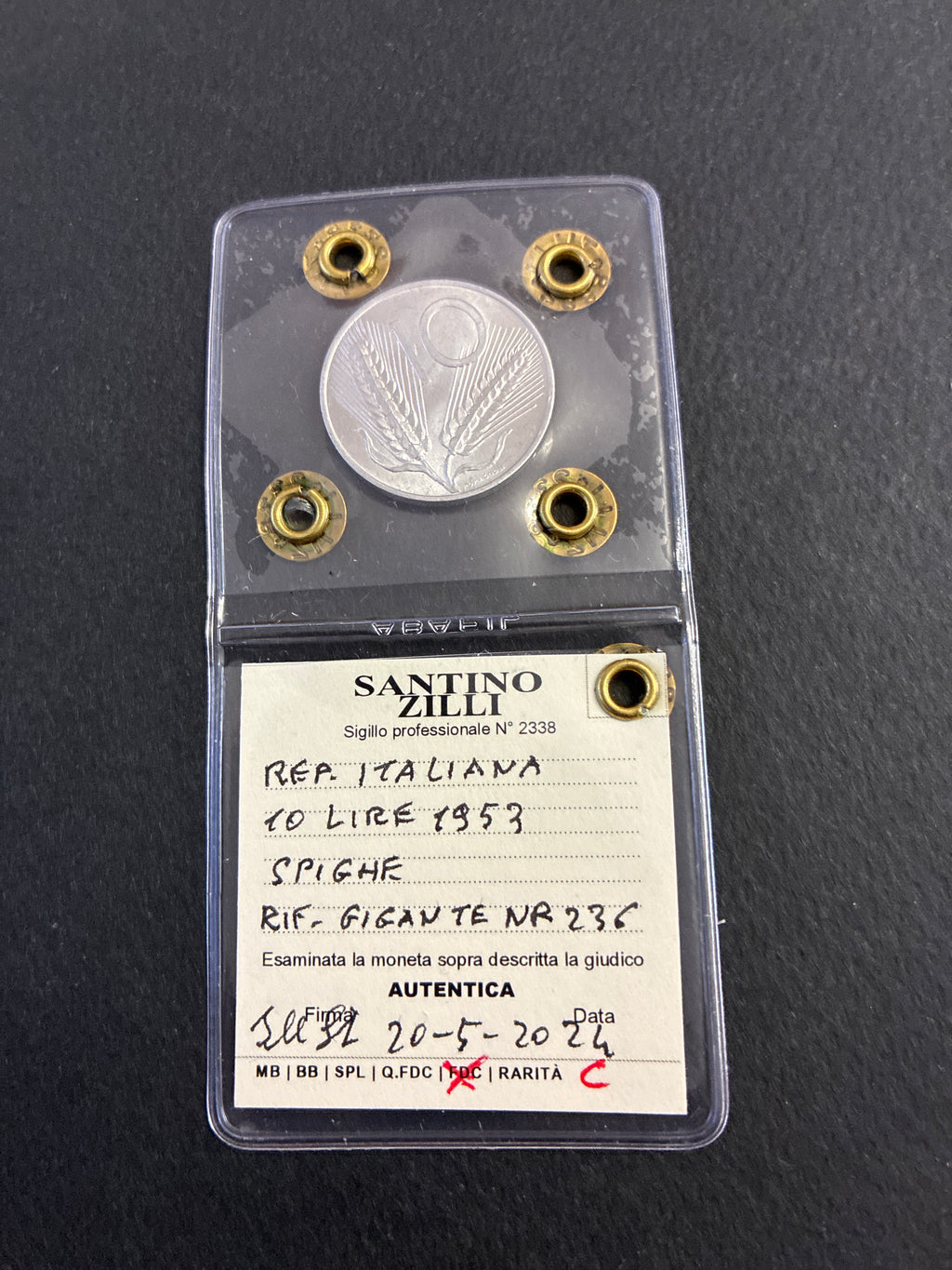 10 Lire 1953 "Spighe" in Perizia FDC