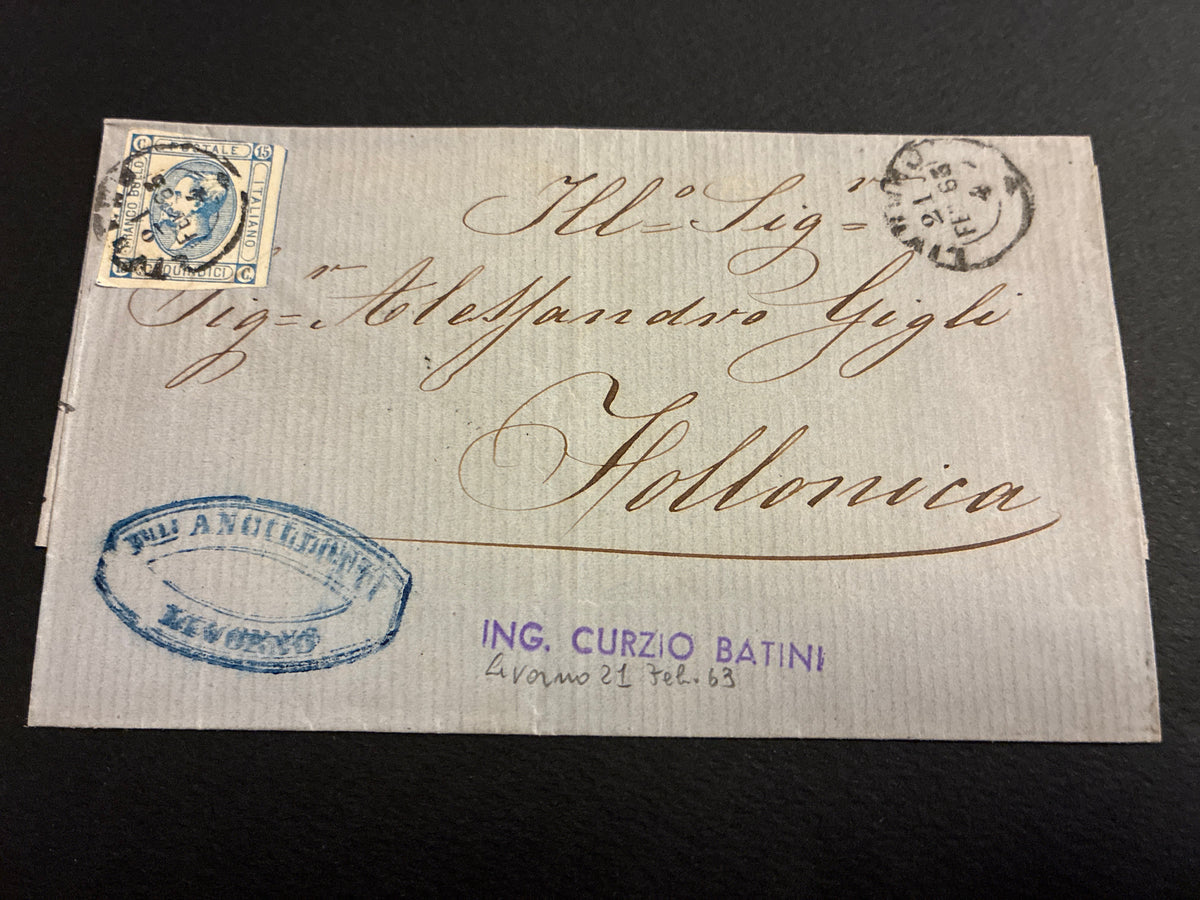 Lettera 1863 con 15 Centesimi Azzurro Primo Tipo "Matraire" in uso precoce dall'Archivio e Collezione dell'Ing. Curzio Batini