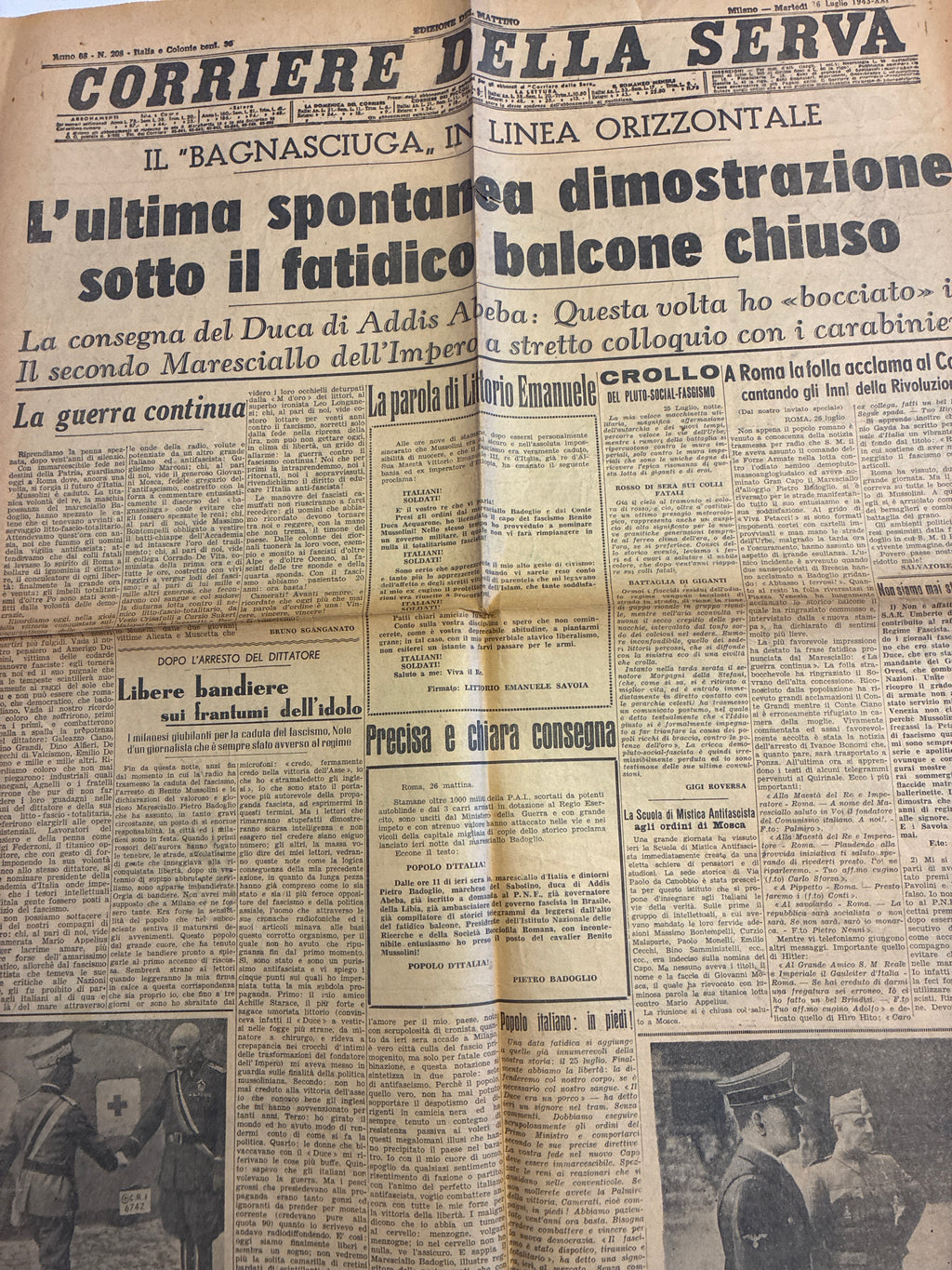 Cimelio Clandestino CORRIERE DELLA SERVA 26 Luglio 1943 - Rarissima Parodia sulla Caduta di Mussolini (Il Bagnasciuga)