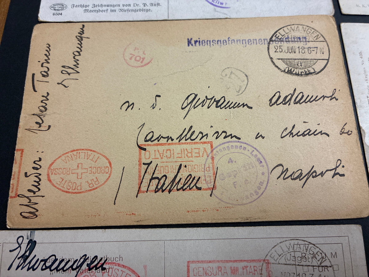 Lotto 6 cartoline Prima Guerra Mondiale prigioniero di guerra Capitano Cesare Torino campo Ellwangen (Germania) 1918