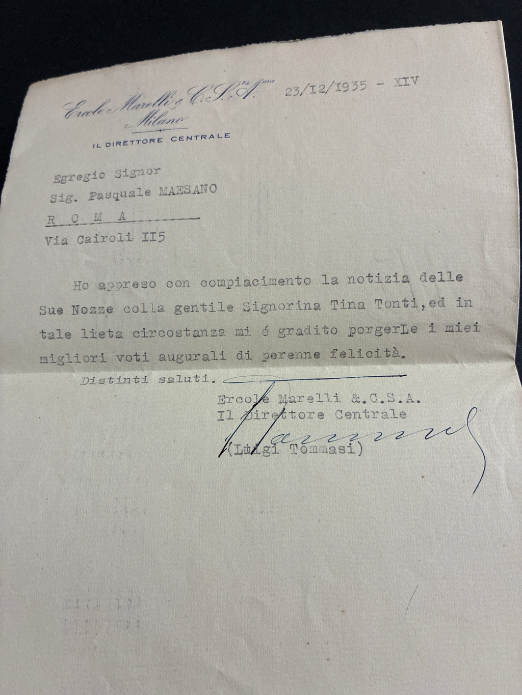 Lettera Ercole Marelli Milano (1935) con firma autografa del Direttore Centrale - Busta e Contenuto.