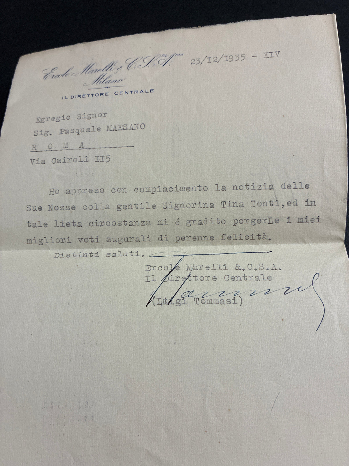 Lettera Ercole Marelli Milano (1935) con firma autografa del Direttore Centrale - Busta e Contenuto.