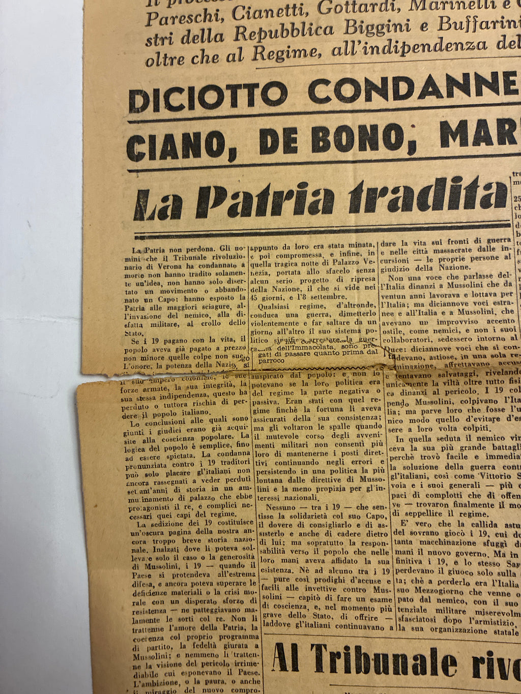 Quotidiano ORIGINALE 12 Gennaio 1944 Il Messaggero Processo di Verona Ciano Condannato COMPLETO