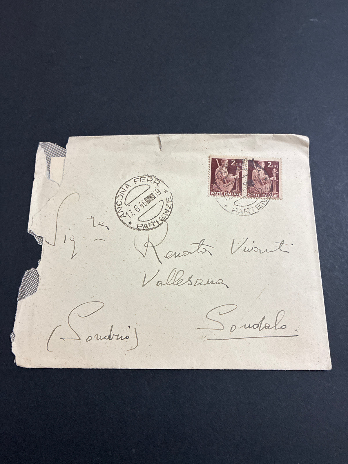 Lettera storica del 17 giugno 1946 (Giorno antecedente la proclamazione ufficiale della Repubblica) da Ancona Ferrovia a Sondalo