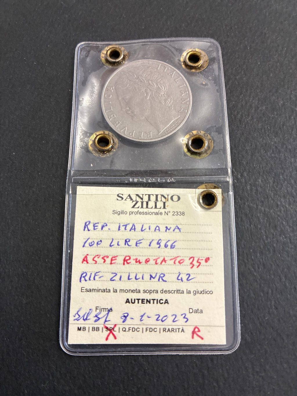 100 Lire 1966 Minerva Rara con Errore Asse Ruotato 35° Periziata SPL