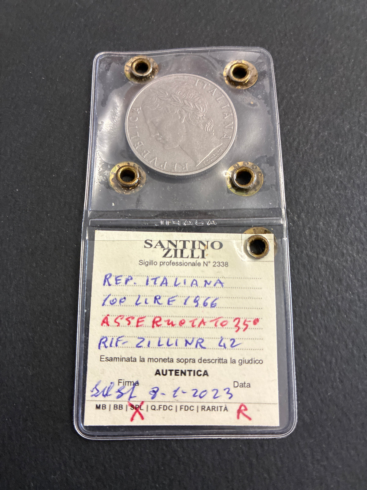 100 Lire 1966 Minerva Rara con Errore Asse Ruotato 35° Periziata SPL