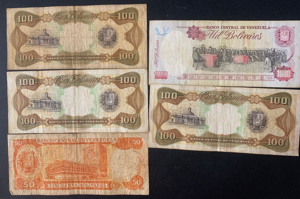 Lotto 5 Banconote Venezuela - 1000, 100 (x3) e 50 Bolívares (1988-1994) - Circolate