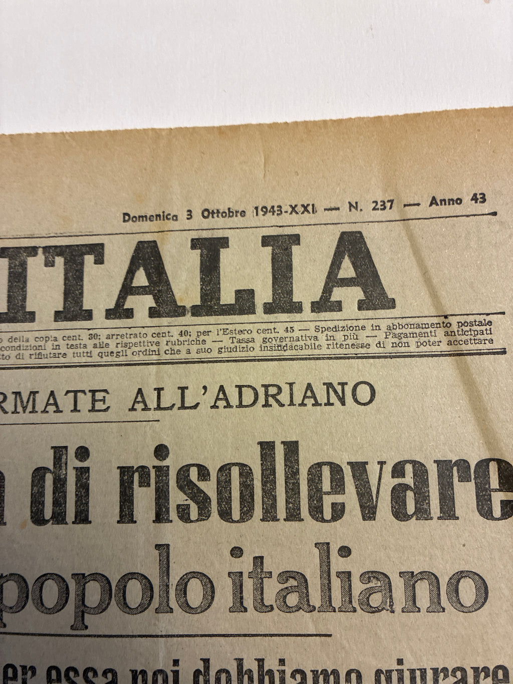 Raro Quotidiano Originale Il Giornale d'Italia 3 Ottobre 1943 - Discorso di Graziani al Teatro Adriano - RSI