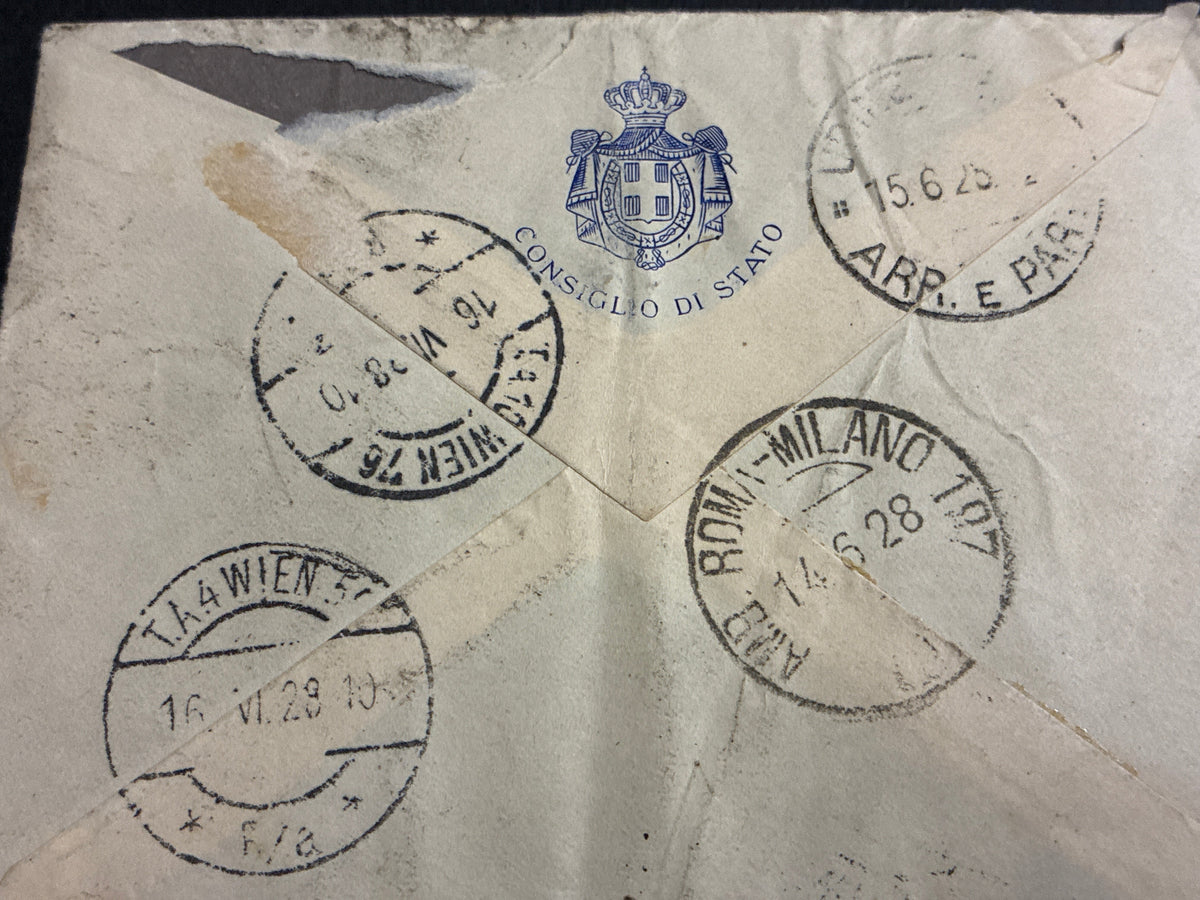 Busta Espresso del 1928 da Roma a Vienna per la Regia Legazione d'Italia, con lettera autografa del Consigliere di Stato Luigi Guglielmetti al figlio diplomatico Giuseppe