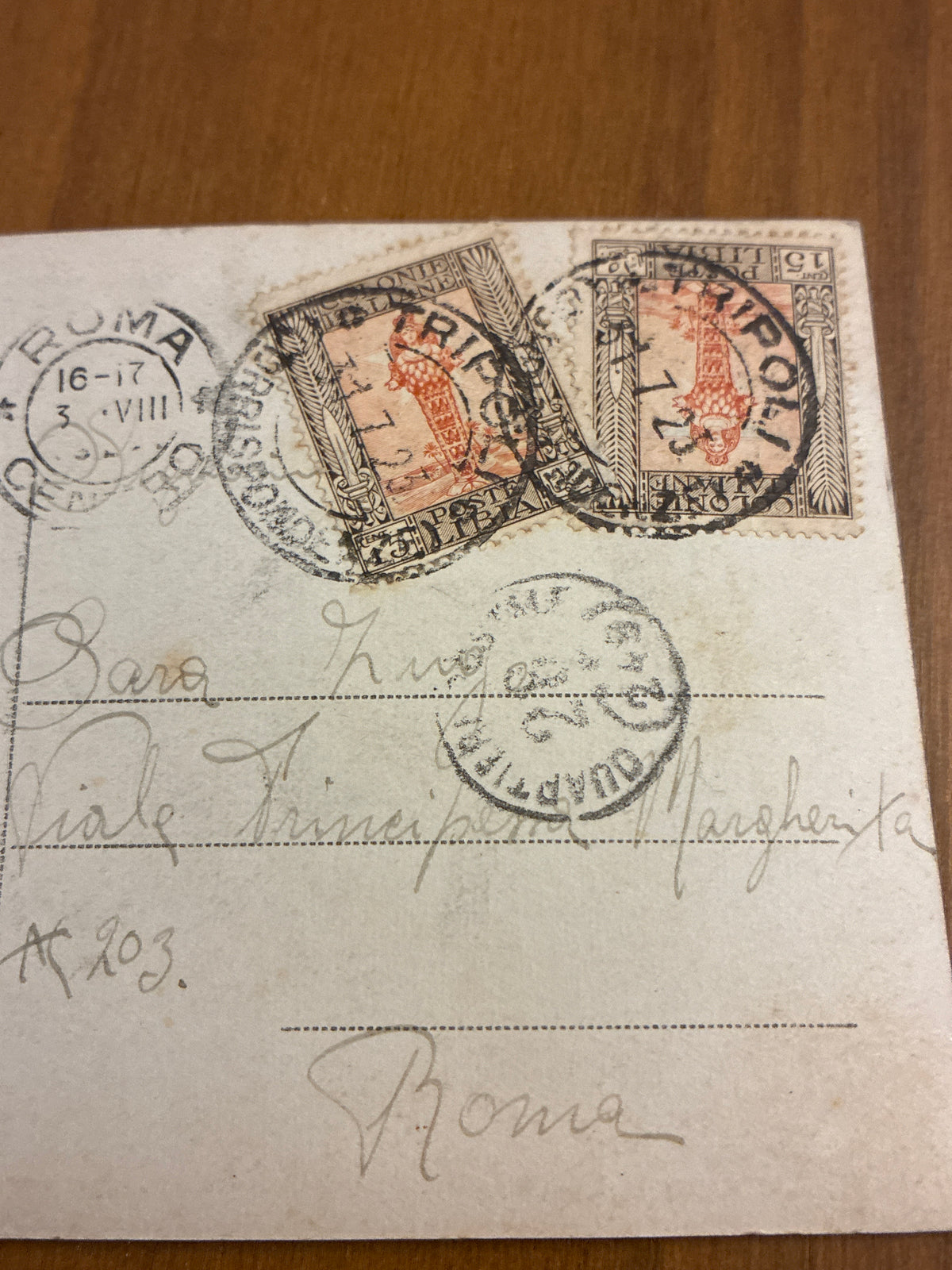 Libia 1923 Cartolina da Tripoli Sciara-Sciat a Roma Affrancatura Doppia Nave Romana Supporto Censura Guerra Mondiale