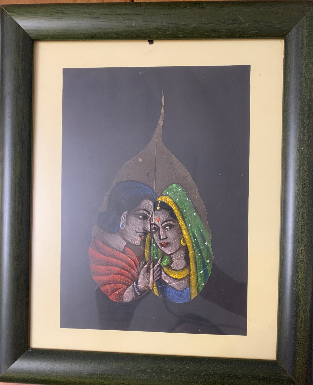 Dipinto su foglia di Peepal (Fico Sacro) - Arte Tradizionale Indiana con Cornice Verde