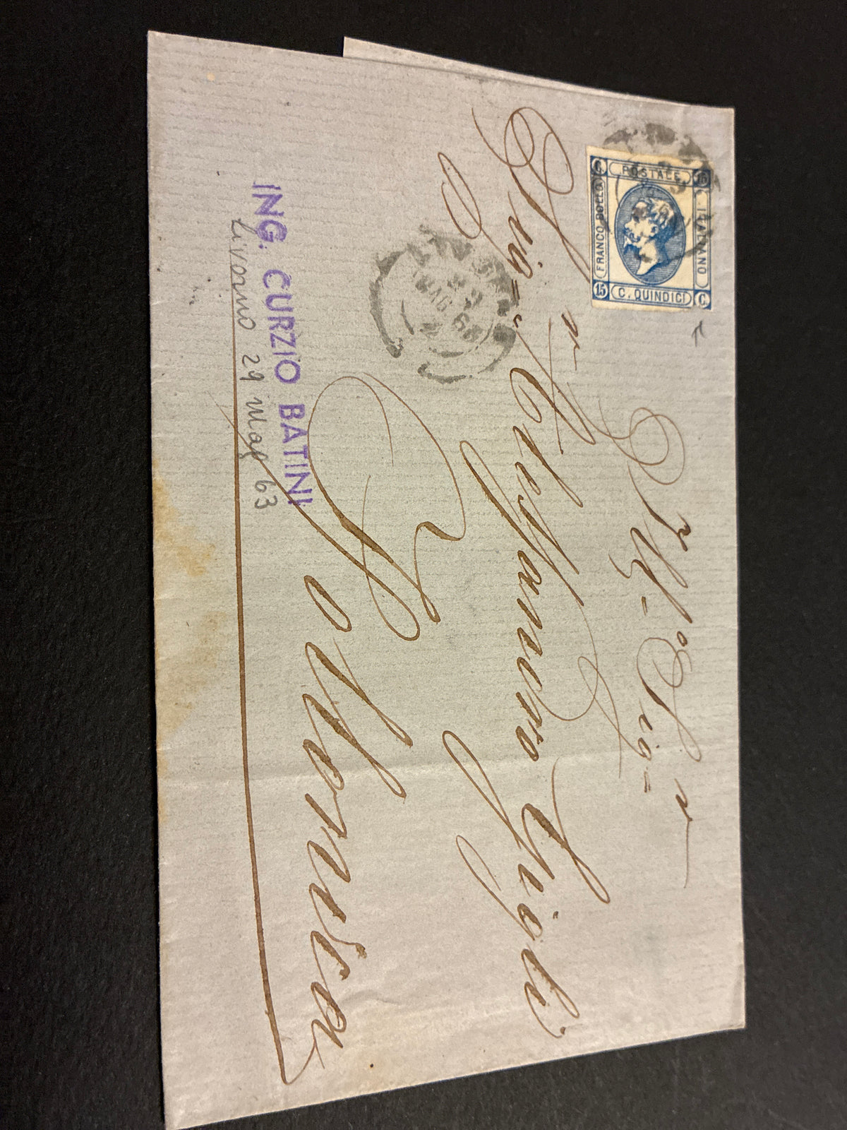 Busta 29/05/1863 Regno d'Italia 15 C. Litografico I Tipo per Follonica con Lineare Batini e Nota Manoscritta