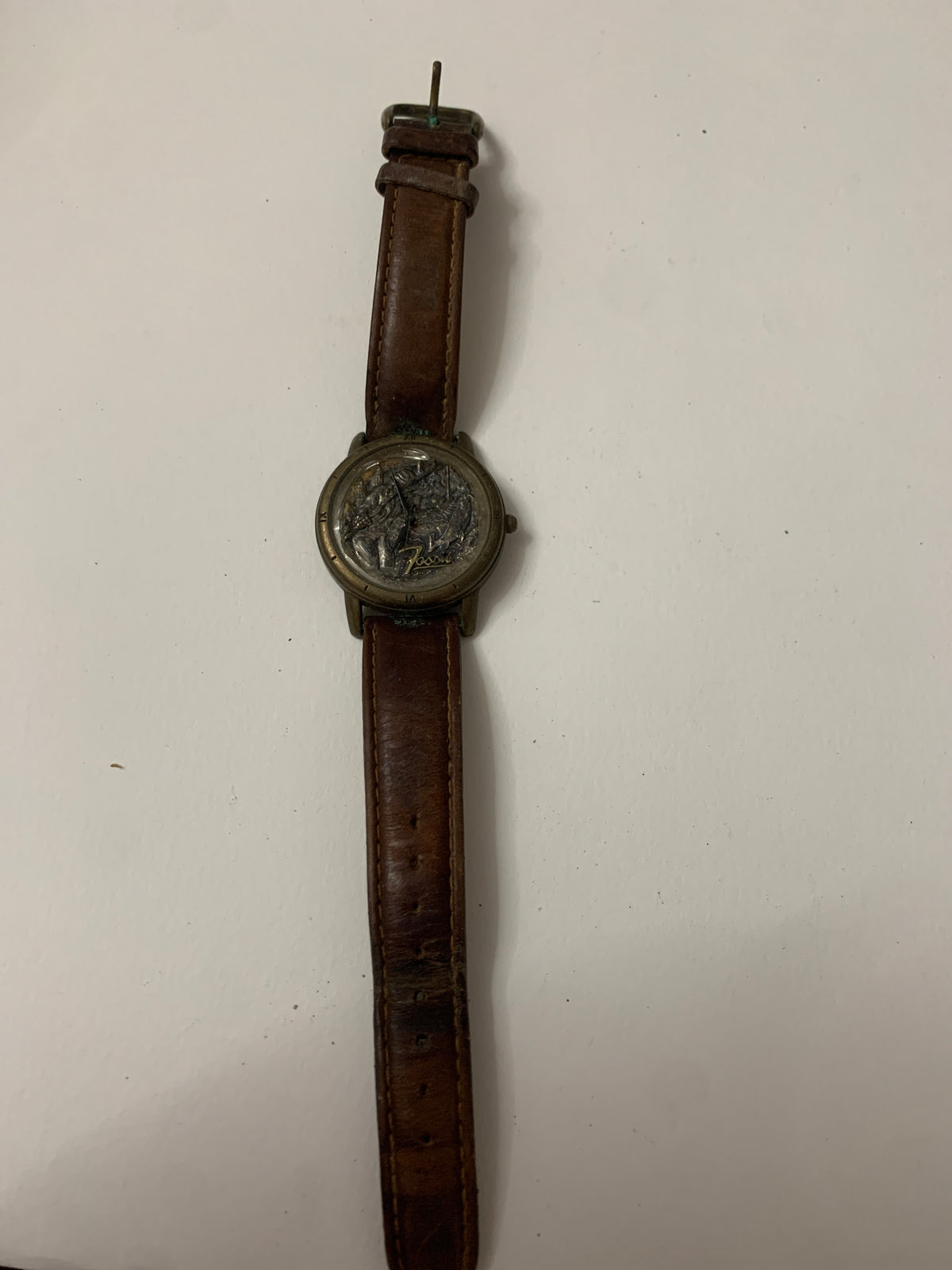 Orologio Fossil Vintage Tema Pesca Quadrante in Rilievo con Cinturino in Pelle