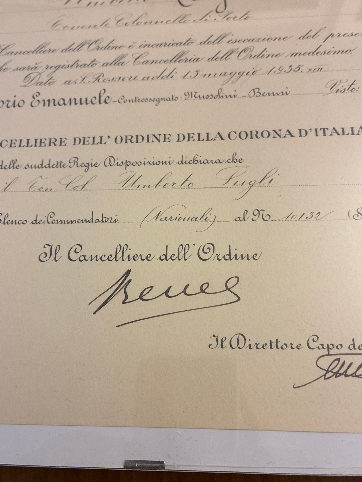 Raro Decreto 1935 Commendatore Corona d'Italia - Firma Autografa Ammiraglio Revel Timbro Secco - Incorniciato Umberto Lugli