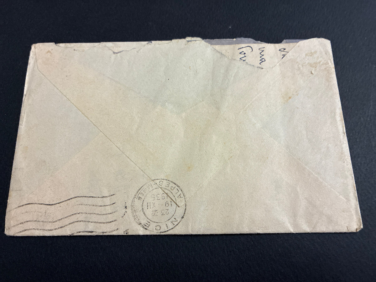 Busta 1935 spedita da Napoli a Nizza in tariffa per l'estero con francobollo commemorativo 1° centenario belliniano da lire 1,25.