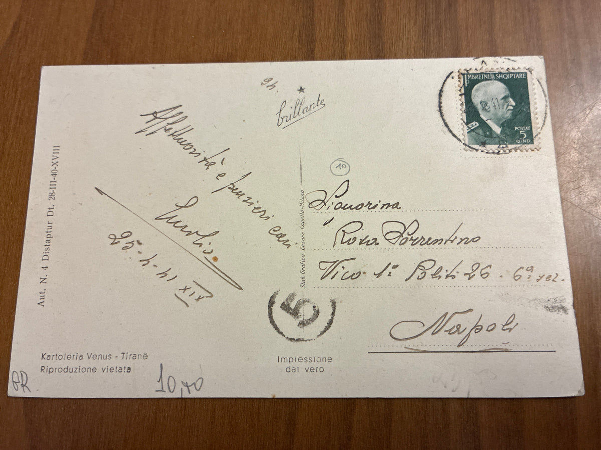 Albania Occupazione Italiana 1941 Cartolina da Tirana a Napoli Affrancata 5 Qind Vittorio Emanuele III Imperatore Era Fascista Anno XIX