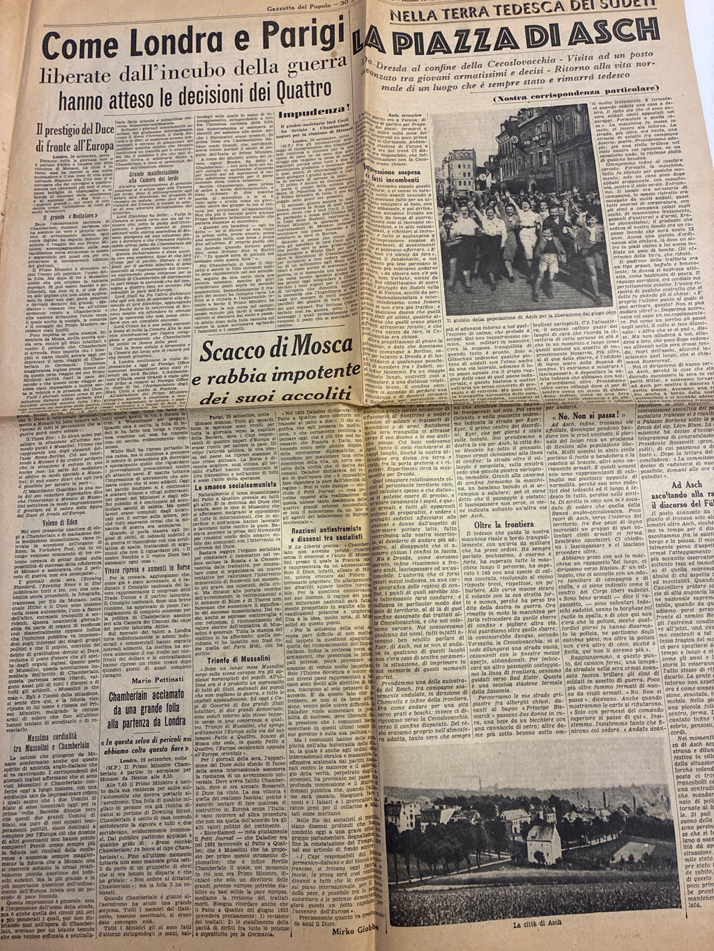 Quotidiano Storico Gazzetta del Popolo 30 Settembre 1938 Accordo Monaco Fascismo Mussolini