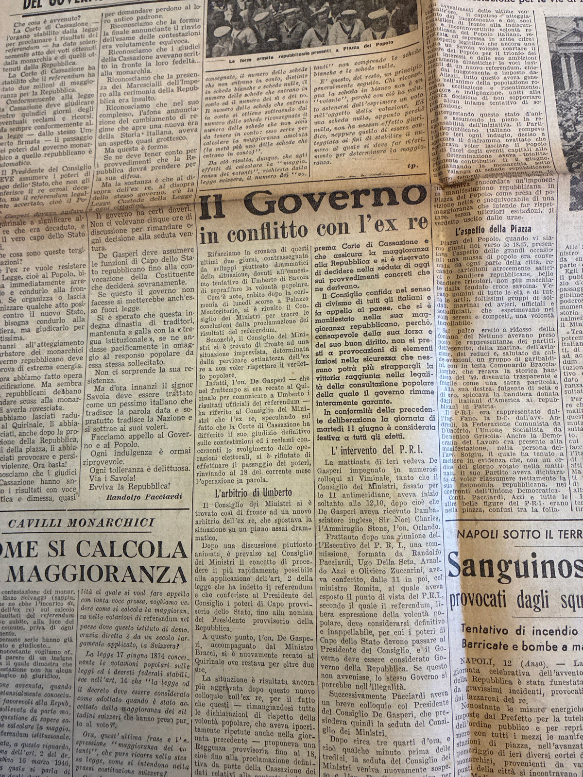 GIORNALE ORIGINALE 13 Giugno 1946 La Voce Repubblicana - ARRESTO E ESPULSIONE UMBERTO SAVOIA Conservazione Eccellente
