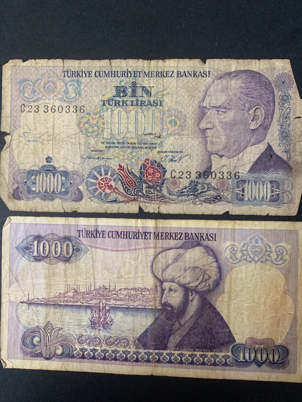 Lotto 2 Banconote Turchia 1000 Lira (Bin Türk Lirası) Legge 1970 - Circolate