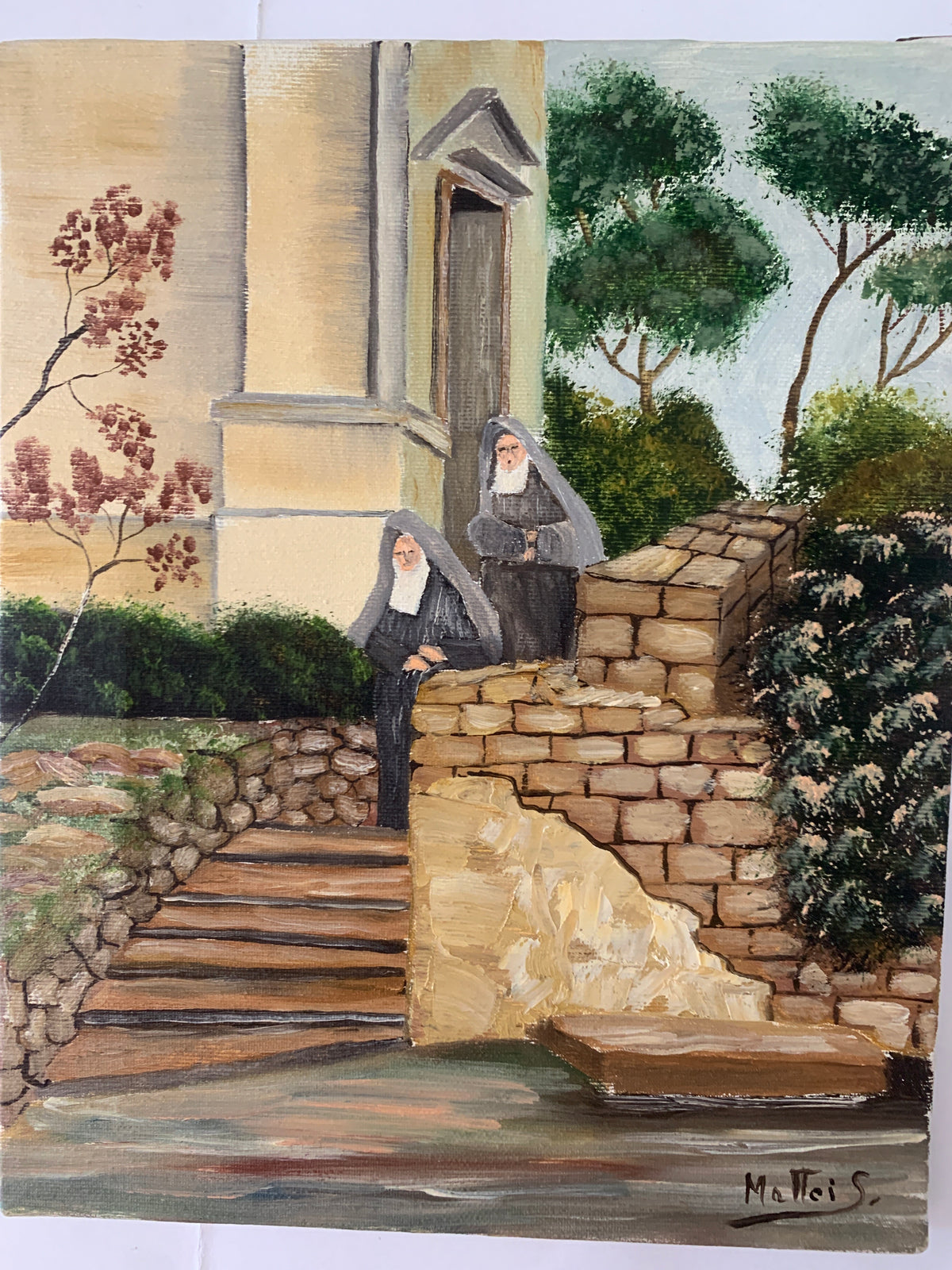 Dipinto ad Olio Vintage - Due Suore nel Convento - Sandro Mattei