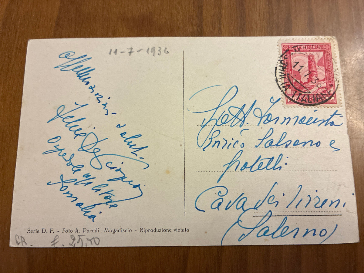 Somalia Italiana 1936 Cartolina Storica da Ospedale del Littore Mogadiscio a Salerno Affrancata 25 Centesimi Faro Crispi Foto Parodio