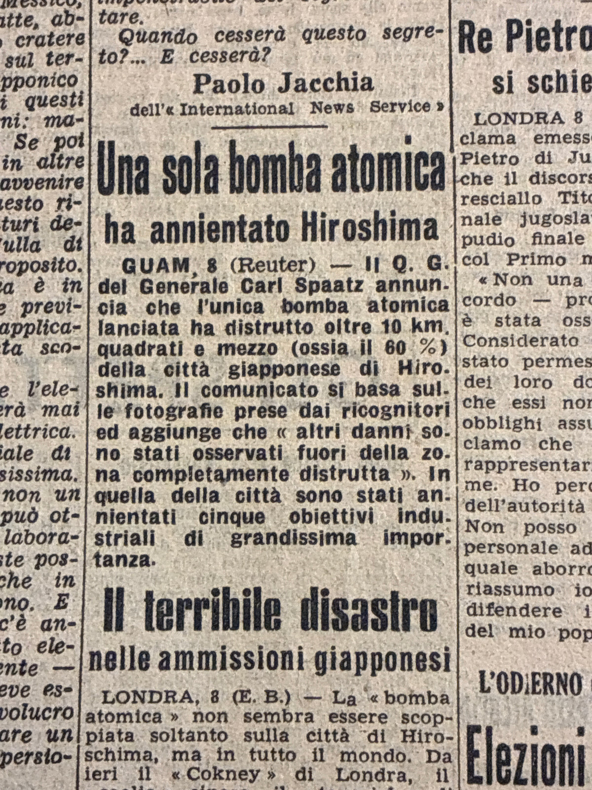 Rarissimo Quotidiano Il Giornale Del Mattino 9 Agosto 1945 {Bomba Atomica Hiroshima E Russia Contro Giappone}