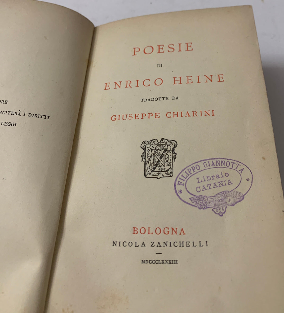 Libro Antico 1883 - Poesie Enrico Heine Traduzione Chiarini - Zanichelli Bologna
