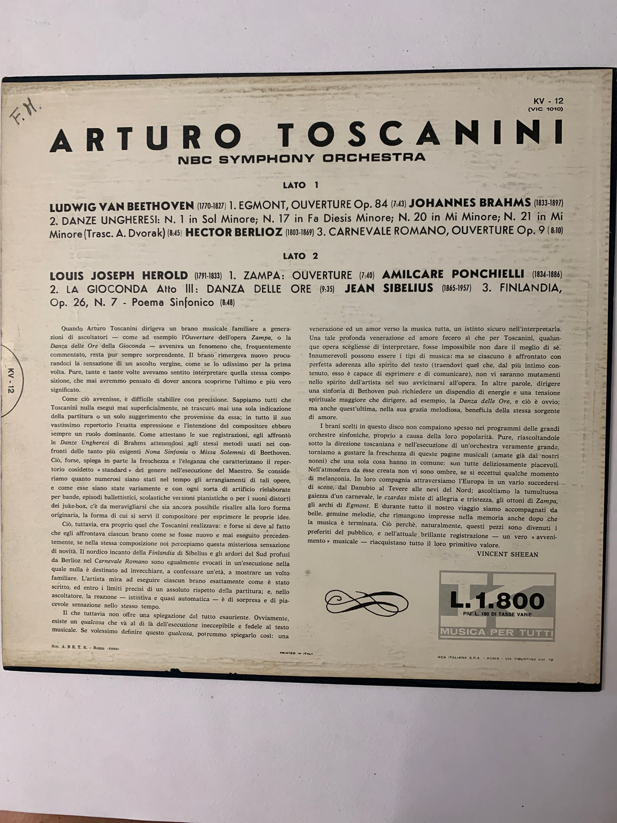 Arturo Toscanini, NBC Symphony Orchestra – Danza Delle Ore (RCA Victrola – KV-12 / VIC 1010)