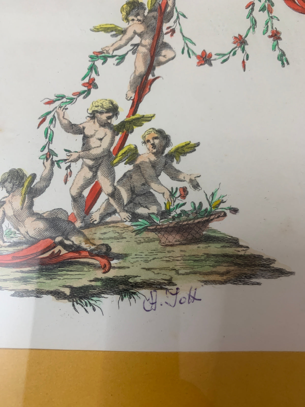 Stampa Vintage Classica Putti e Fiori Firmata H. Tott con Cornice Dorata